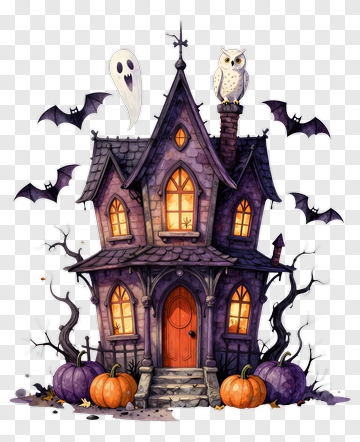 Haunted House With Ghost And Pumpkins PNG