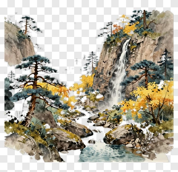 Watercolor Landscape With Waterfall And Pine Trees PNG