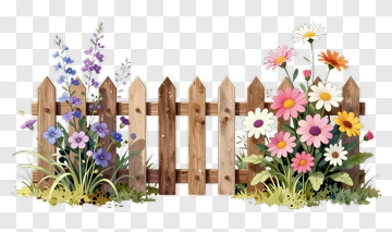 Colorful Flower Garden With Wooden Fence PNG