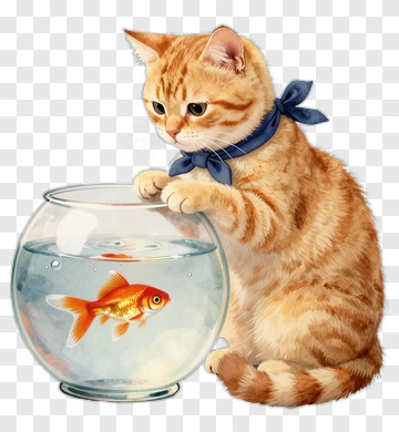 Cat Looking At Goldfish In A Bowl PNG