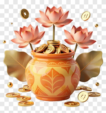 Pot Of Gold With Lotus Flowers PNG