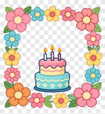Colorful Birthday Cake Surrounded By Flowers PNG