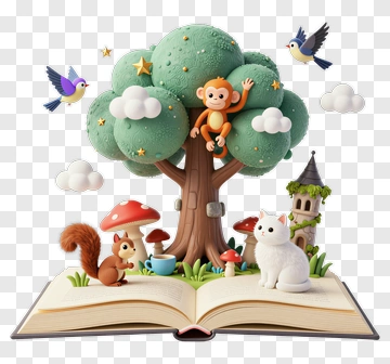 Colorful Tree With Playful Animals On An Open Book PNG