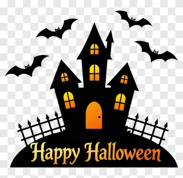 Halloween Haunted House With Bats And Happy Halloween Text PNG
