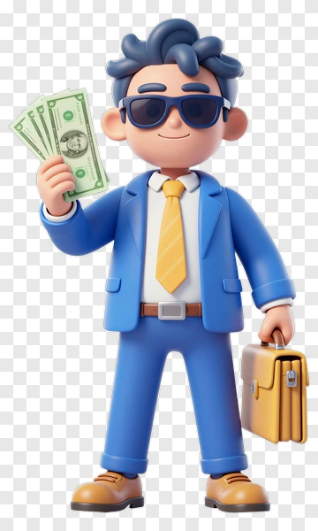 3D Businessman Holding Cash And Briefcase PNG