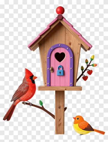 Colorful Birdhouse With Cardinals PNG