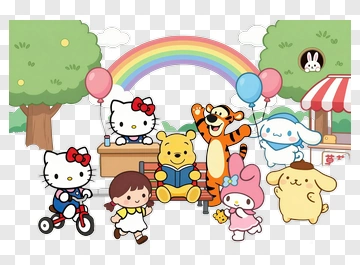 Cartoon Characters With Balloons Under A Rainbow PNG
