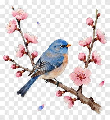 Blue Bird Perched On A Cherry Blossom Branch PNG