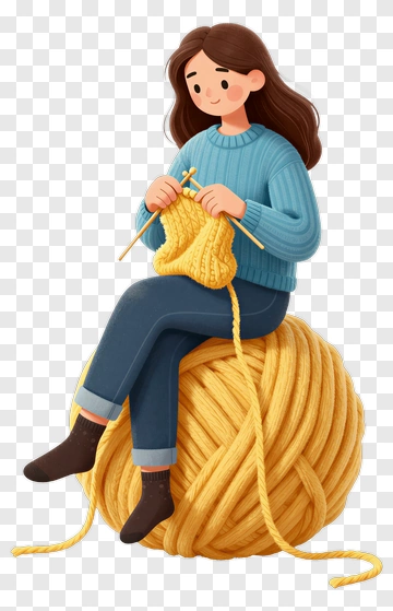 Girl Knitting On A Yellow Yarn Ball PNG