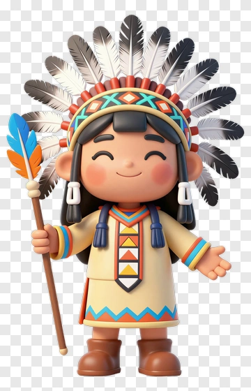 Cartoon Native American Child With Feathered Headdress PNG