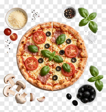Delicious Pizza Topped With Tomatoes And Basil PNG