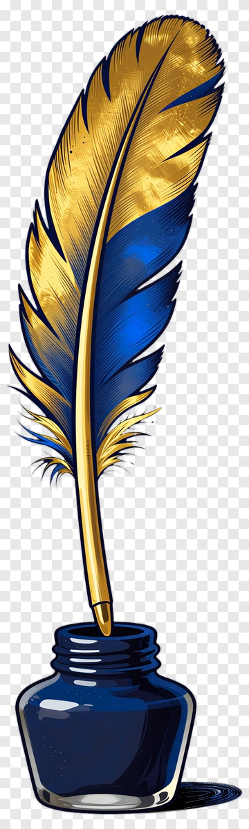 Golden And Blue Feather Quill With Ink Bottle PNG
