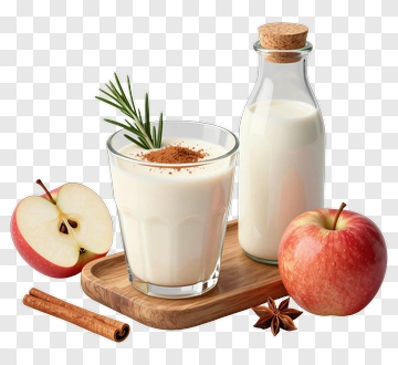 Milk And Apple With Cinnamon On A Wooden Tray PNG