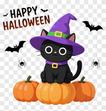 Cartoon Black Cat Wearing A Witch Hat On Halloween Pumpkins PNG