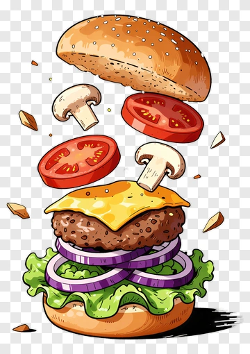 Cartoon Hamburger With Vegetables And Cheese PNG