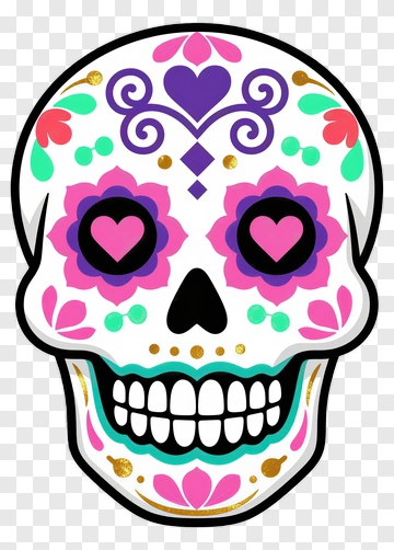 Colorful Sugar Skull With Floral Decorations PNG