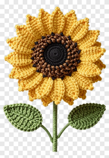 Crocheted Sunflower With Green Leaves PNG