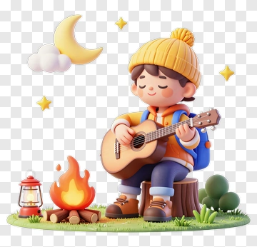 Cartoon Boy Playing Guitar By A Campfire PNG