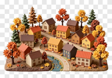 Colorful Autumn Village With Trees And River PNG