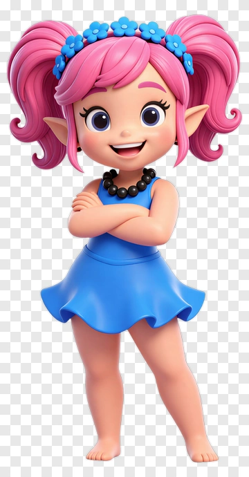 3D Cartoon Girl With Pink Hair And Blue Dress PNG