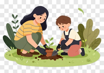 Mother And Child Planting A Tree PNG