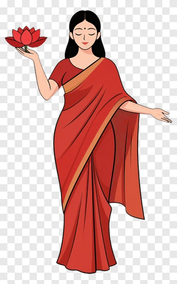 Woman In Red Saree Holding A Lotus Flower PNG