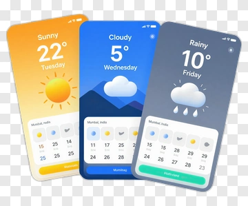 Weather App Interface With Sunny, Cloudy, And Rainy Conditions PNG