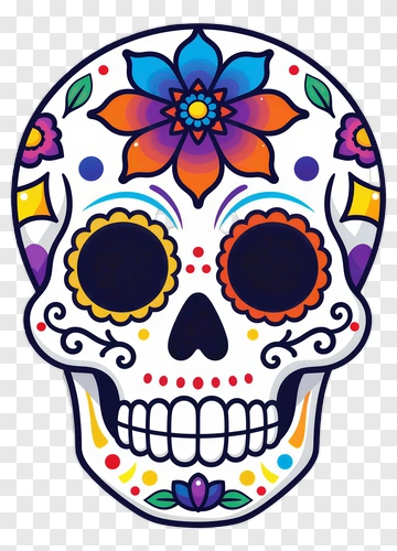 Colorful Sugar Skull With Floral Decorations PNG