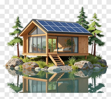 Eco House With Solar Panels By A Tranquil Lake PNG