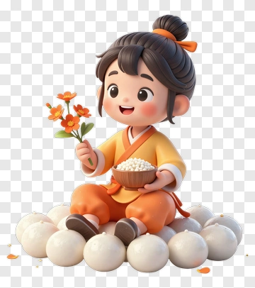 Cartoon Child Holding Flowers And Rice Balls PNG