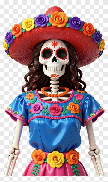 Colorful Skeleton Woman In Traditional Dress PNG