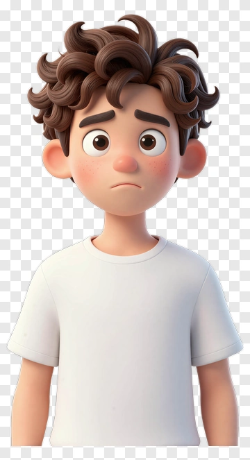 3D Boy With Curly Hair Looking Sad PNG