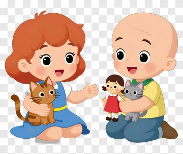 Cartoon Children Holding Pets And Dolls PNG