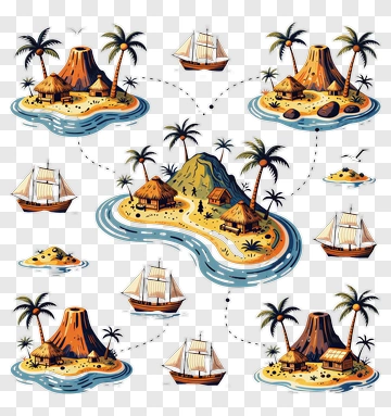Tropical Island Map With Ships And Volcanoes PNG