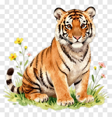 Cartoon Tiger Sitting In A Floral Meadow PNG