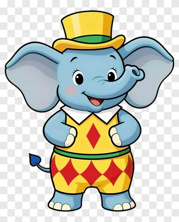 Cartoon Elephant Wearing A Yellow Hat And Colorful Outfit PNG