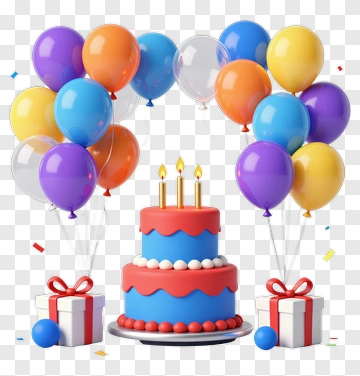 Colorful Birthday Cake With Balloons And Gifts PNG