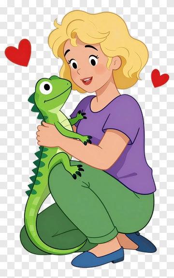 Cartoon Girl Holding A Green Lizard PNG