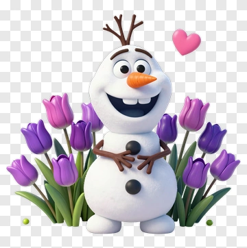 Cartoon Snowman Surrounded By Purple Tulips PNG