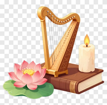 Harp On A Book With A Candle And Lotus Flower PNG