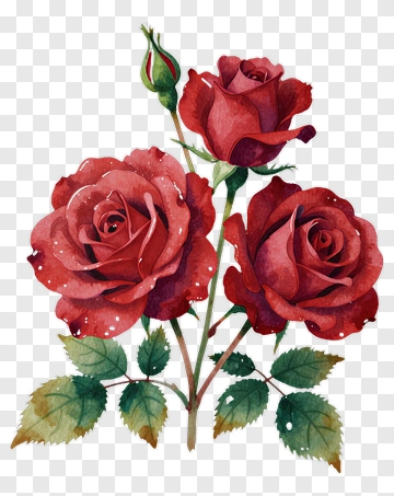 Watercolor Red Roses With Green Leaves PNG