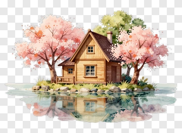Wooden House Surrounded By Pink Trees And Water Reflection PNG