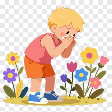 Cartoon Boy Sneezing Among Colorful Flowers PNG