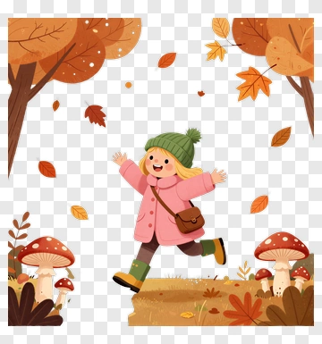 Girl Running Through Autumn Forest With Mushrooms PNG