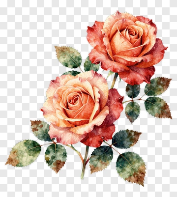 Watercolor Roses With Green Leaves PNG