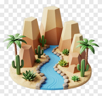 Desert Landscape With River And Cacti PNG
