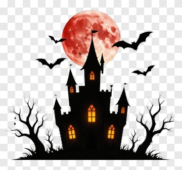 Haunted Castle With Full Moon And Bats PNG