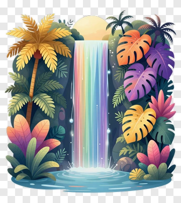 Colorful Waterfall Surrounded By Tropical Plants PNG