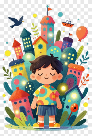Cartoon Boy Surrounded By Colorful Houses And Nature PNG