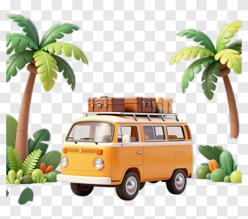 Colorful Van Surrounded By Palm Trees And Cacti PNG